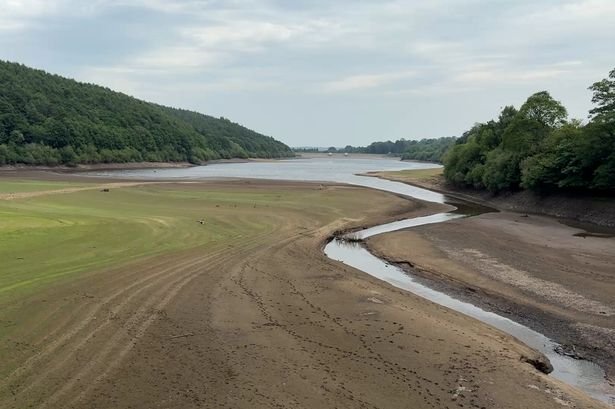 The Lindley reservoir near Otley in the West Yorkshire showing low water levels.