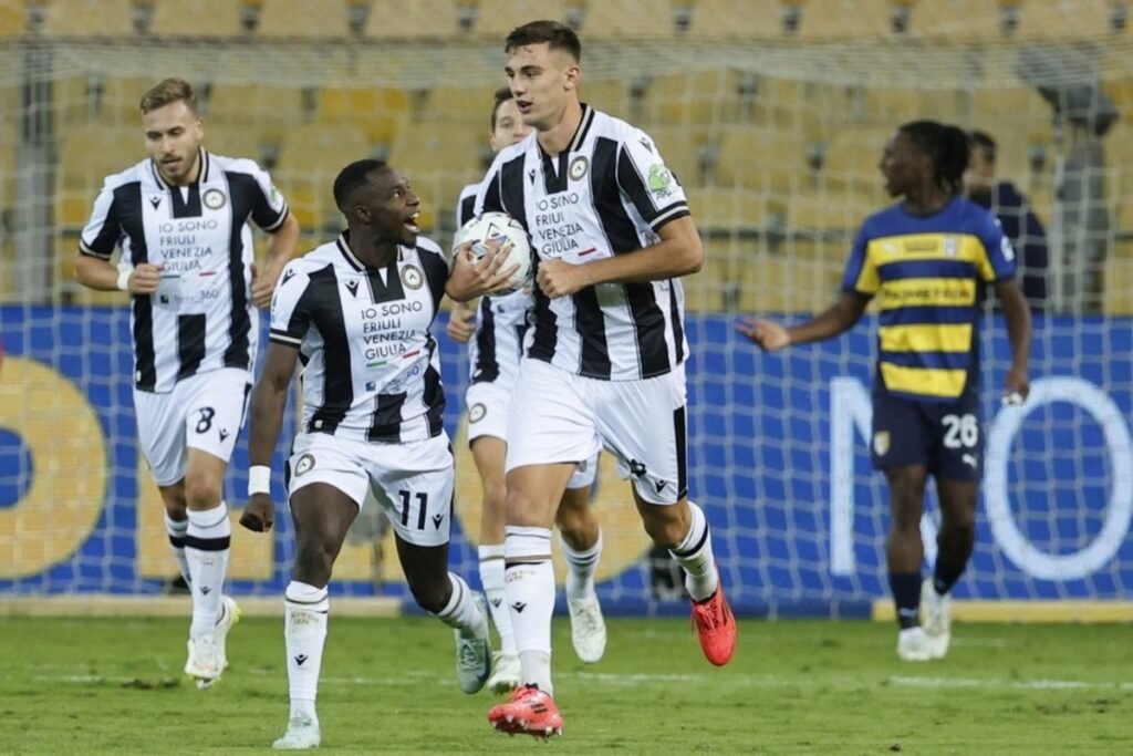 Udinese's Lorenzo Lucca (C) celebrates a goal during the Italian Serie A soccer match Parma Calcio vs Udinese Calcio at Ennio Tardini stadium in Parma, Italy, 16 September 2024. EPA-EFE/SERENA CAMPANINI (Napoli and Roma target)
