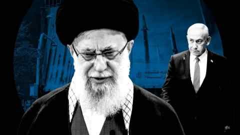 Montage of Ayatollah Ali Khamenei and Benjamin Netanyahu, against a background of a billboard in Tehran