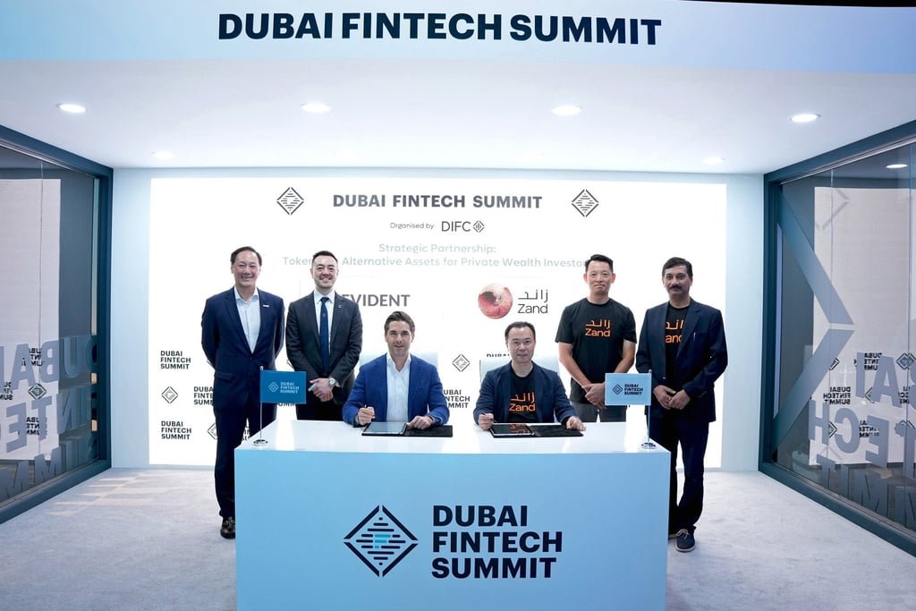 (From left) King Leung, global head of financial services, fintech and sustainability at InvestHK; Victor Yim, head of fintech at Cyberport Hong Kong; Florian Spiegl, founder and CEO of Evident Group; Ronald Fok, head of wealth and asset management at Zand Bank; Michael Chan, CEO of Zand Bank, and Parag Gupta, COO of Zand Bank. Photo: Handout