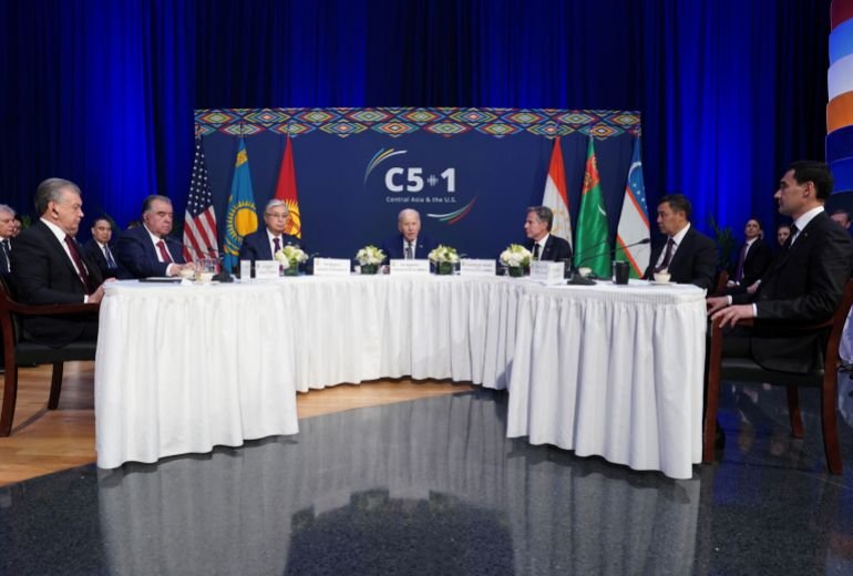 U.S. President Joe Biden hosts a C5+1 summit meeting with the presidents of Kazakhstan, the Kyrgyz Republic, Tajikistan, Turkmenistan, and Uzbekistan, at the U.S. Mission to the United Nations on the sidelines of the 78th Session of the U.N. General Assembly in New York City, New York, U.S., September 19, 2023. REUTERS/Kevin Lamarque