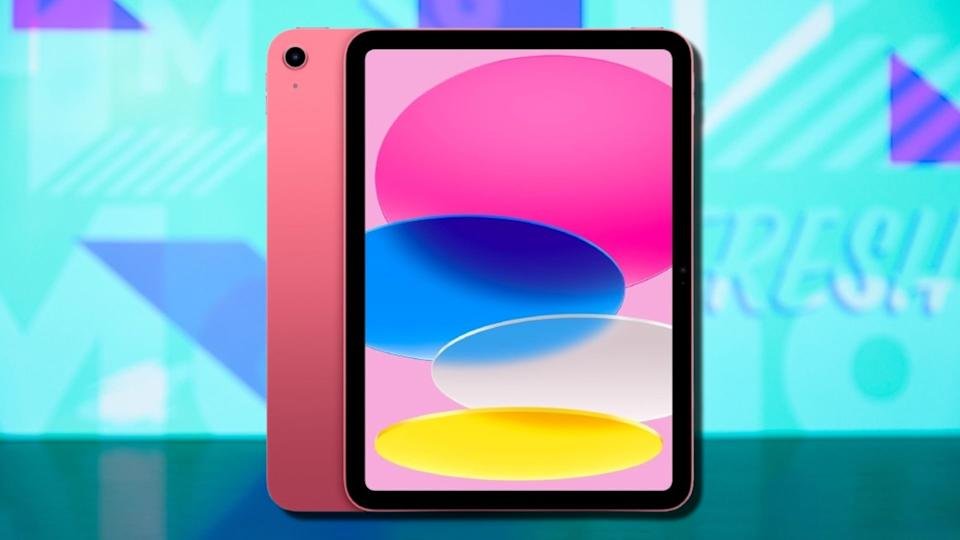 The pink 11-inch Apple iPad on a blue background