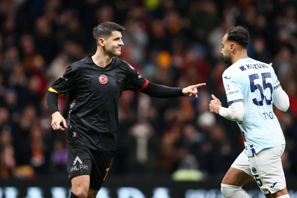 ISTANBUL, TURKEY - FEBRUARY 9: Alvaro Morata, on loan from Milan, of Galatasaray celebrates after scoring his team's first goal during the Turkish Super League match between Galatasaray and Adana Demirspor at Rams Park Stadium on February 9, 2025 in Istanbul, Turkey. (Photo by Ahmad Mora/Getty Images)