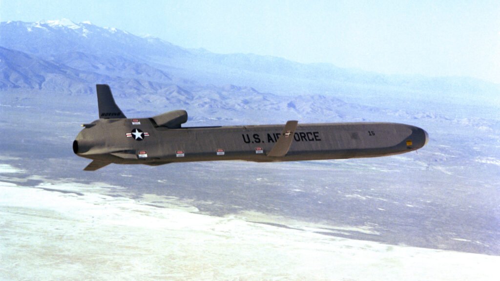A right side view of an AGM-86 air launched cruise missile (ALCM) in flight.