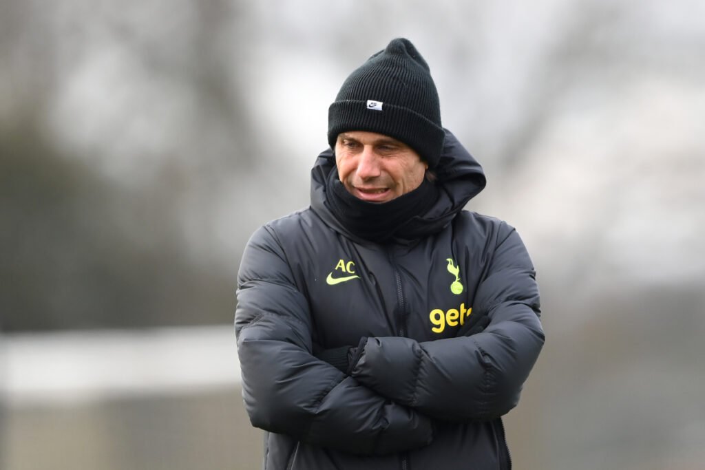 ENFIELD, ENGLAND - MARCH 07: Antonio Conte, Manager of Tottenham Hotspur, looks on during a Tottenham Hotspur training session ahead of their UEFA Champions League round of 16 match against AC Milan at Tottenham Hotspur Training Centre on March 07, 2023 in Enfield, England. (Photo by Alex Davidson/Getty Images)