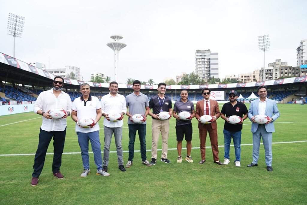 Rahul Bose and Satyam Trivedi with the franchise owners of the Rugby Premier League 2025.
