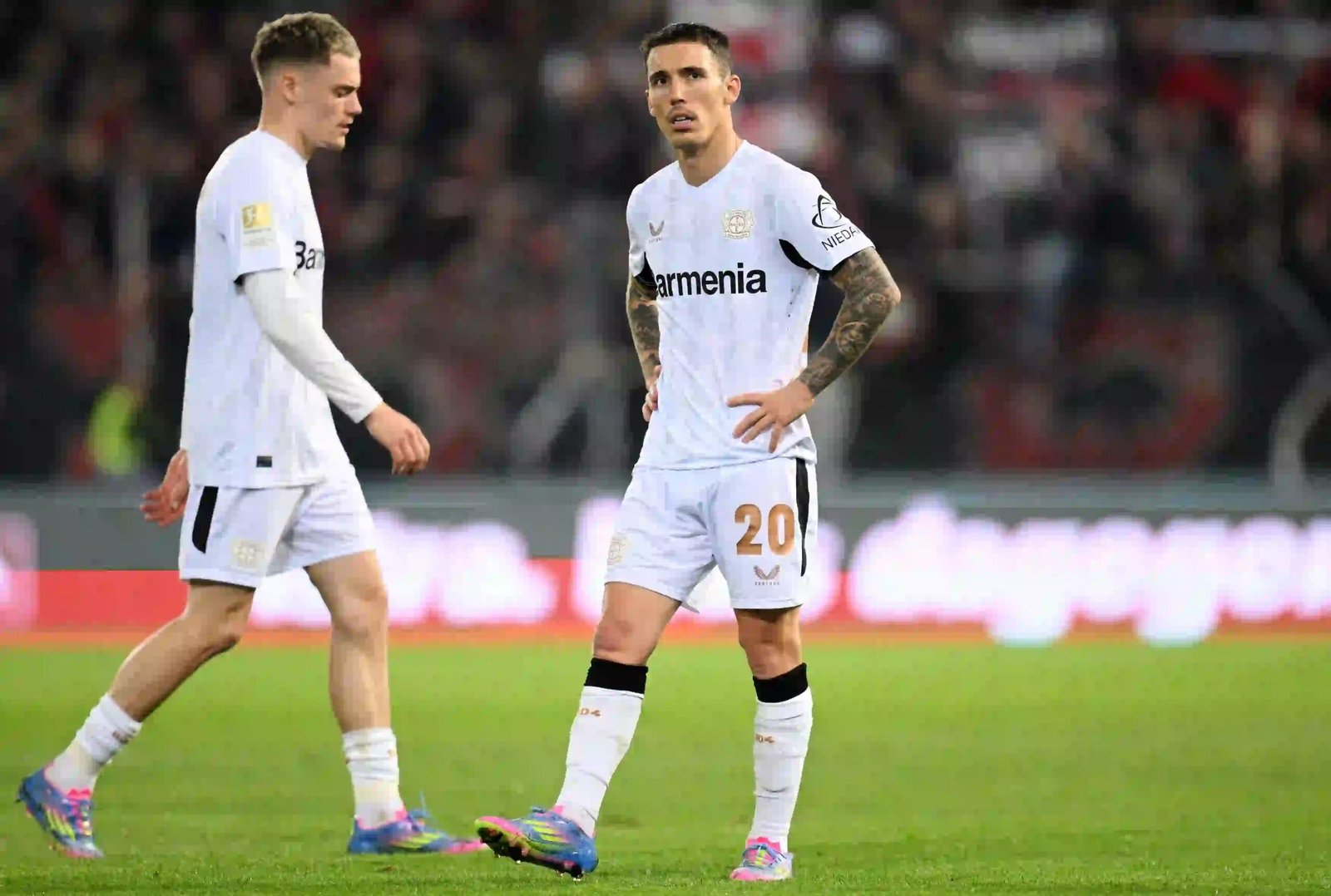 Grimaldo in action for Leverkusen.