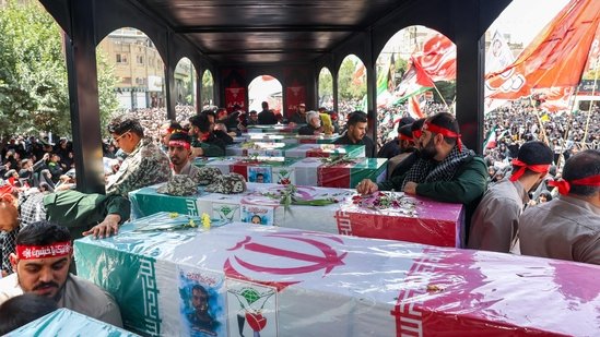 The state funeral proceedings in Tehran for 60 nuclear scientists and military commanders killed in Israeli strikes are set to begin at 8:00 am (0430 GMT) at Enghelab Square. (AFP)