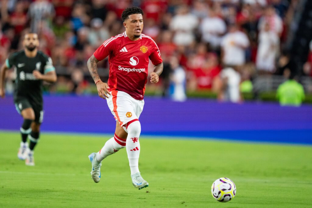 COLUMBIA, SOUTH CAROLINA - AUGUST 03: Jadon Sancho #25 of Manchester United plays against Liverpool during their pre-season friendly match at Williams-Brice Stadium on August 03, 2024 in Columbia, South Carolina. (Photo by Jacob Kupferman/Getty Images)