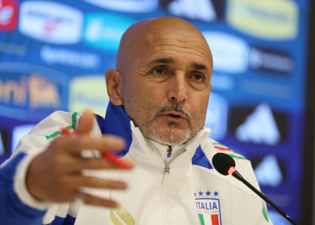 FLORENCE, ITALY - OCTOBER 07: Head coach Italy Luciano Spalletti speaks with the media during Italy press conference at Centro Tecnico Federale di Coverciano on October 07, 2024 in Florence, Italy. (Photo by Claudio Villa/Getty Images)
