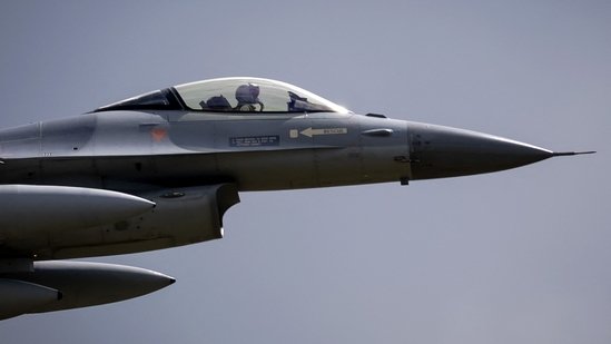 One of the last two promised F16 fighter jets is leaving Volkel Air Base on its way to be handed over to Ukraine, in Volkel, on May 26, 2025. Ukraine received its first F-16 jets from the Netherlands and Denmark in 2024.(AFP)