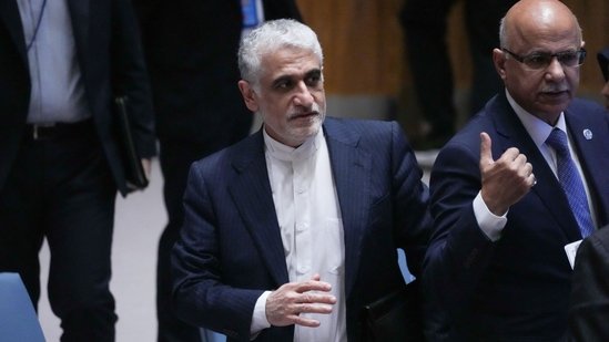 Iranian Permanent Representative to the UN Amir Saeid Iravani leaves a United Nations Security Council emergency meeting in New York on June 22, 2025, one day after US strikes on Iranian nuclear facilities.(AFP)