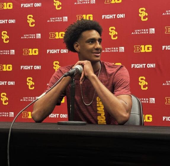 USC freshman basketball player Alijah Arenas smiles as he talks with reporters on Tuesday, June 24, 2025.