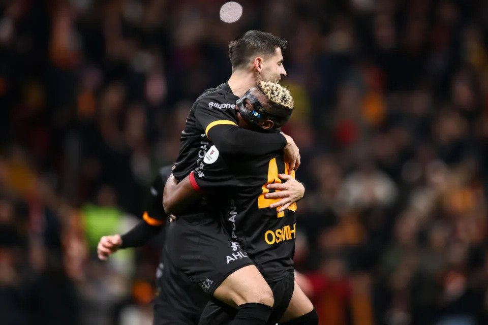 ISTANBUL, TURKEY – FEBRUARY 9: Alvaro Morata of Galatasaray celebrates with his teammate Victor Osimhen of Galatasaray after scoring his team’s first goal during the Turkish Super League match between Galatasaray and Adana Demirspor at Rams Park Stadium on February 9, 2025 in Istanbul, Turkey. (Photo by Ahmad Mora/Getty Images)