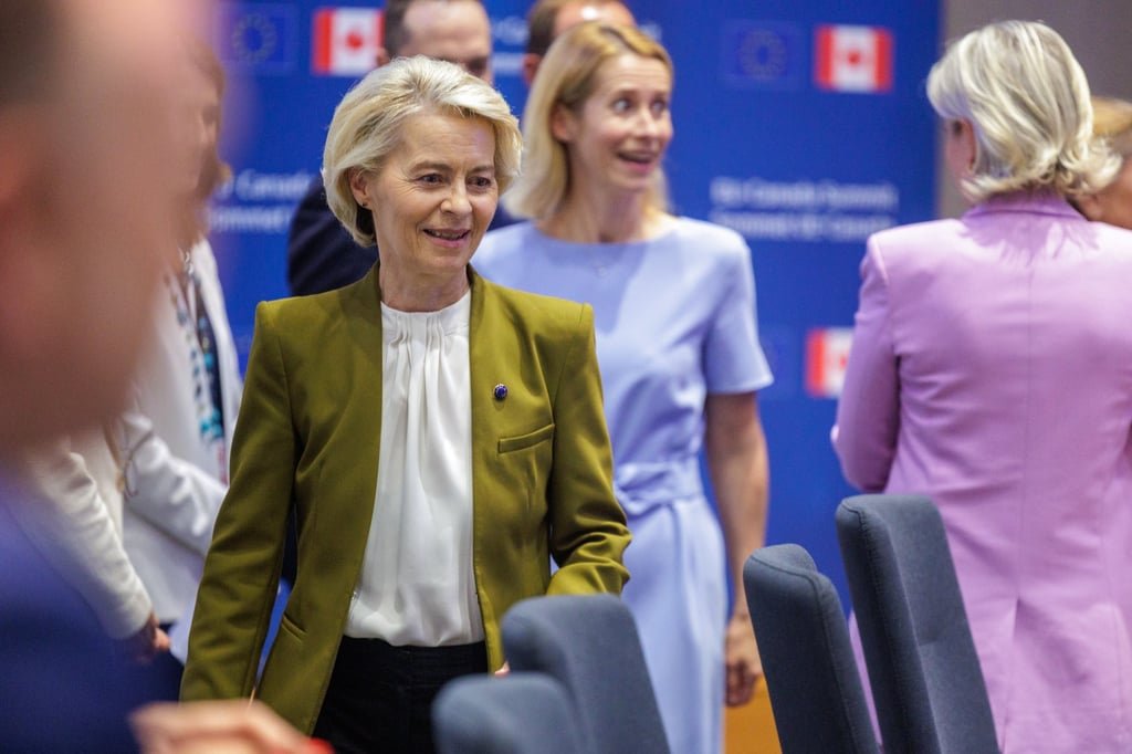 European Commission President Ursula von der Leyen and EU foreign policy chief Kaja Kallas arrive for a meeting of the 20th EU-Canada summit in Brussels, Belgium on Monday. Photo: EPA