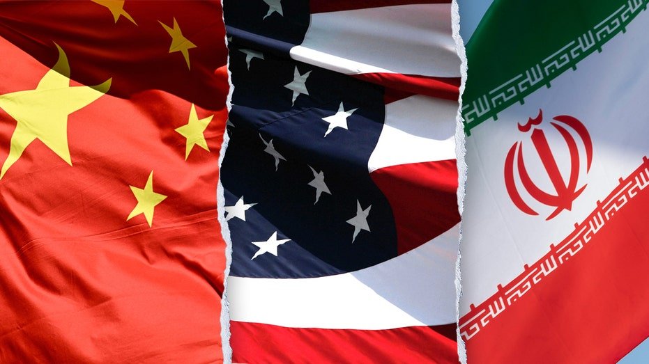China, US and Iranian flags split image