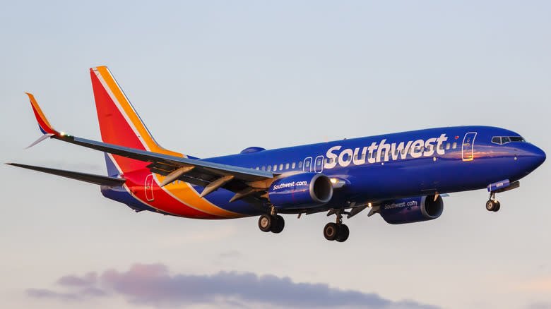 A Southwest Airlines jet in mid-air.