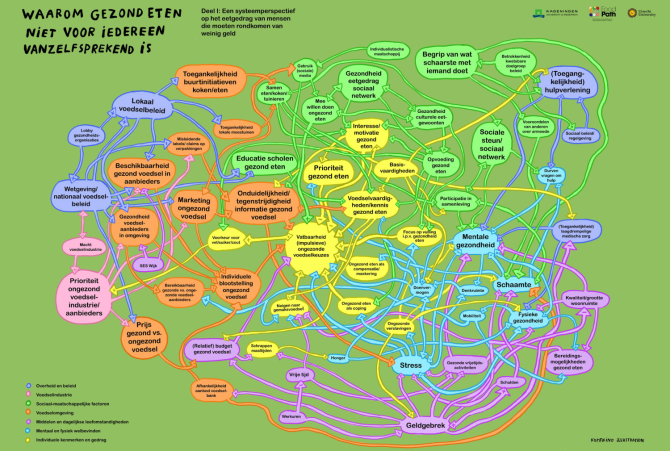 A representation of all the different factors that make it hard for people of modest means to eat more healthy: a mess of connections between different boxes, each showing a factor.
