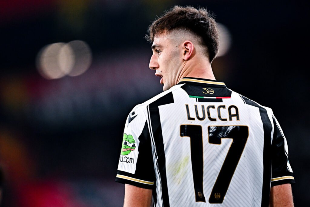 GENOA, ITALY - APRIL 4: Lorenzo Lucca of Udinese looks on during the Serie A match between Genoa and Udinese at Stadio Luigi Ferraris on April 4, 2025 in Genoa, Italy. (Photo by Simone Arveda/Getty Images) (Inter, Milan, Roma and Napoli links)