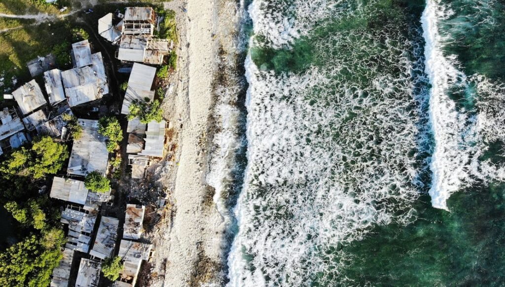 An aerial view of homes next to the Pacific Ocean, in Funafuti, Tuvalu, on November 28, 2019.