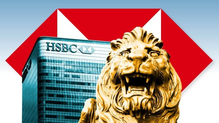 HSBC’s London headquarters and a lion statue outside its Hong Kong offices