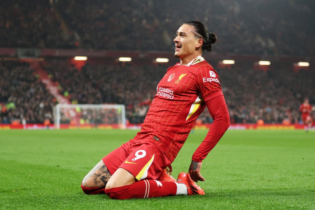 Darwin Nunez of Liverpool celebrates scoring his team's first goal during the Premier League match between Liverpool FC and Aston Villa FC at Anfield on November 09, 2024 in Liverpool, England. (Photo by Carl Recine/Getty Images)