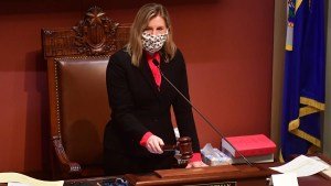 Speaker of the House Melissa Hortman bangs the gavel during a House session at the State Capitol in St. Paul on Tuesday, April 14, 2020. The House approved a fourth COVID-19 relief bill Tuesday as state health officials reported nine more coronavirus deaths