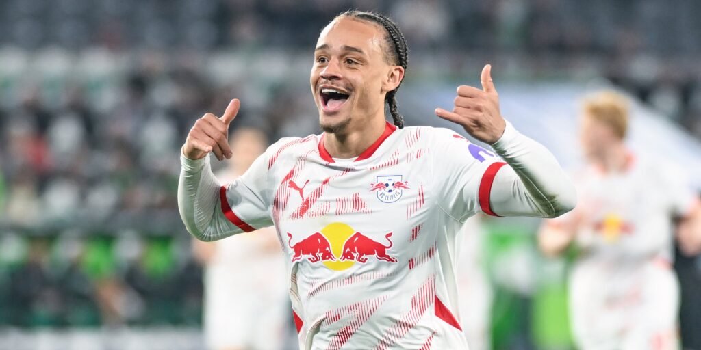 Xavi Simons celebrating after scoring for RB Leipzig