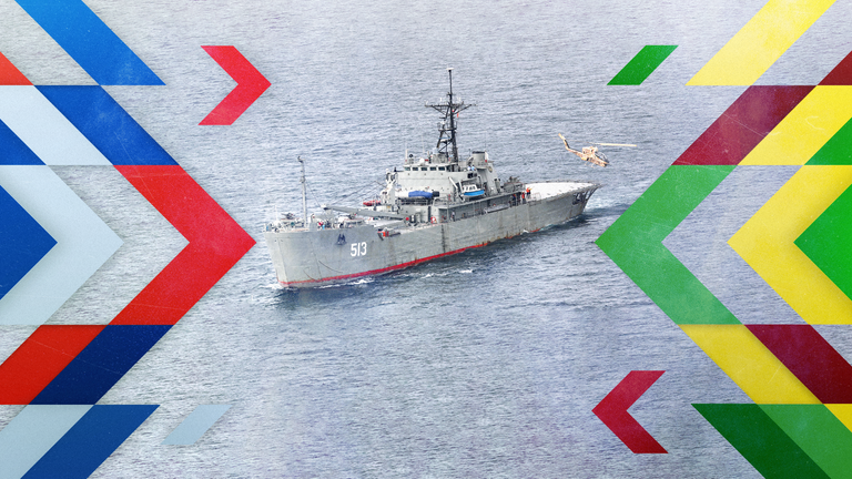 An Iranian military ship takes part in an annual drill in the coastal area of the Gulf of Oman and near the Strait of Hormuz, Iran, in this