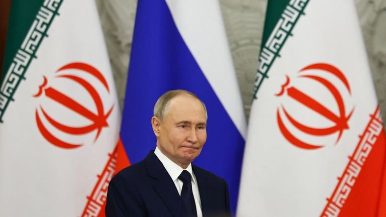 Russian President Vladimir Putin at a signing ceremony with Iranian President Masoud Pezeshkian in Moscow in January 2025. Pic: Reuters