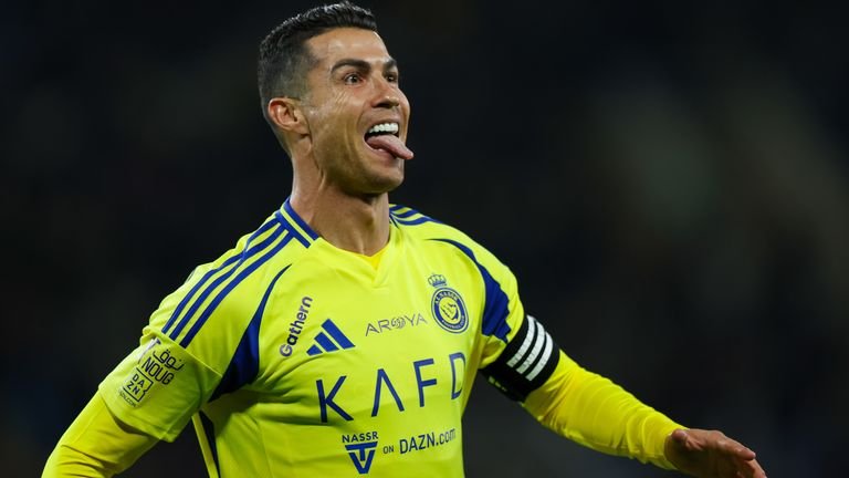 Cristiano Ronaldo of Al Nassr celebrates after scoring the 1st goal during the Saudi Pro League at King Abduallah bin Abdualaziz Sport City on January 30, 2025 in Buraydah, Saudi Arabia.