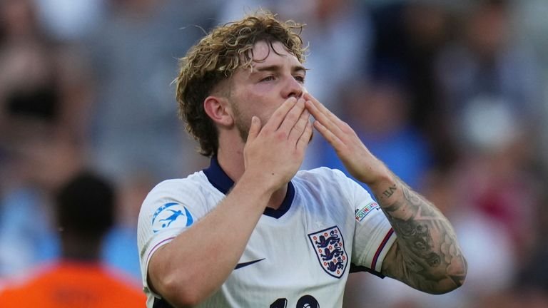 England's Harvey Elliott celebrates after scoring the opening goal during the semi final soccer match between England and the Netherlands at the European U-21 Championship at the National football stadium in Bratislava, Slovakia, Wednesday, June 25, 2025. (AP Photo/Petr David Josek)