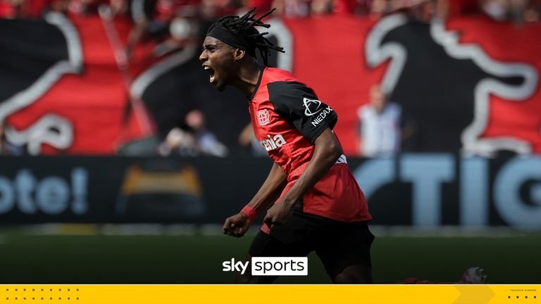 11 May 2025, North Rhine-Westphalia, Leverkusen: Soccer: Bundesliga, Bayer Leverkusen - Borussia Dortmund, Matchday 33, BayArena. Leverkusen's Jeremie Frimpong celebrates his goal to make it 1-0. IMPORTANT NOTE: In accordance with the regulations of the DFL German Football League and the DFB German Football Association, it is prohibited to use or have used photographs taken in the stadium and/or of the match in the form of sequential images and/or video-like photo series.