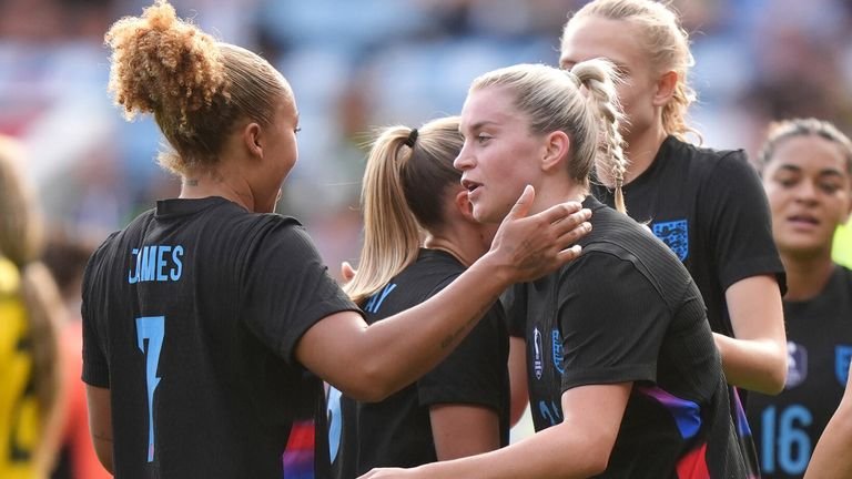 Alessia Russo celebrates with Lauren James after scoring England's fifth goal against Jamaica