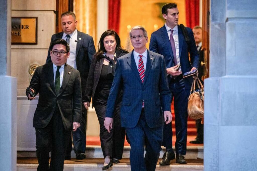 Scott Bessent, U.S. treasury secretary, second right, departs following trade talks at Lancaster House in London, UK, on Tues., June 10, 2025. Bessent departed trade talks with China late Tuesday in London, as delegations continued to negotiate over key tech and industrial exports and deescalating their trade war.