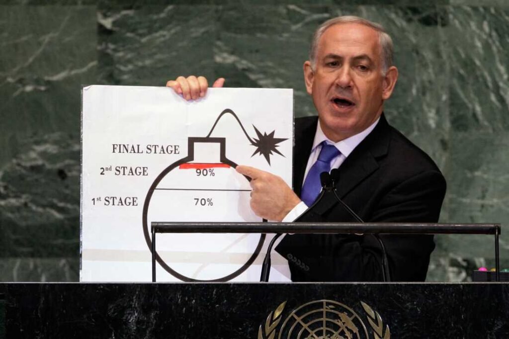 Israeli Prime Minister Benjamin Netanyahu shows an illustration as he describes his concerns over Iran's nuclear ambitions during his address to the 67th session of the United Nations General Assembly at U.N. headquarters, Sept. 27, 2012.