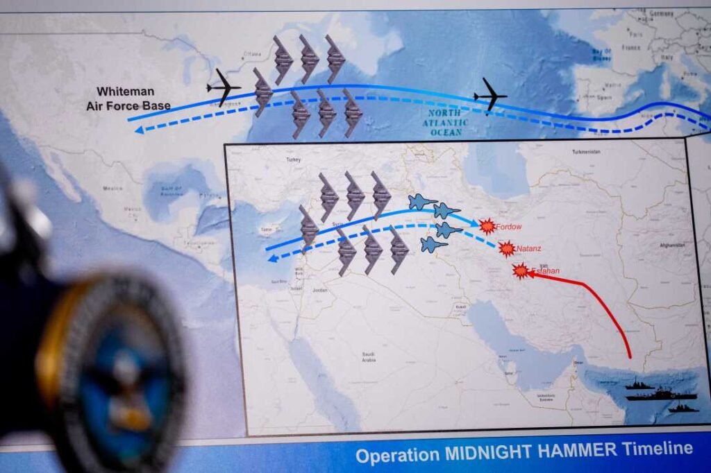 An operational timeline of a strike on Iran is displayed during a news conference with Chairman of the Joint Chiefs of Staff Air Force Gen. Dan Caine and U.S. Defense Secretary Pete Hegseth at the Pentagon on June 22.
