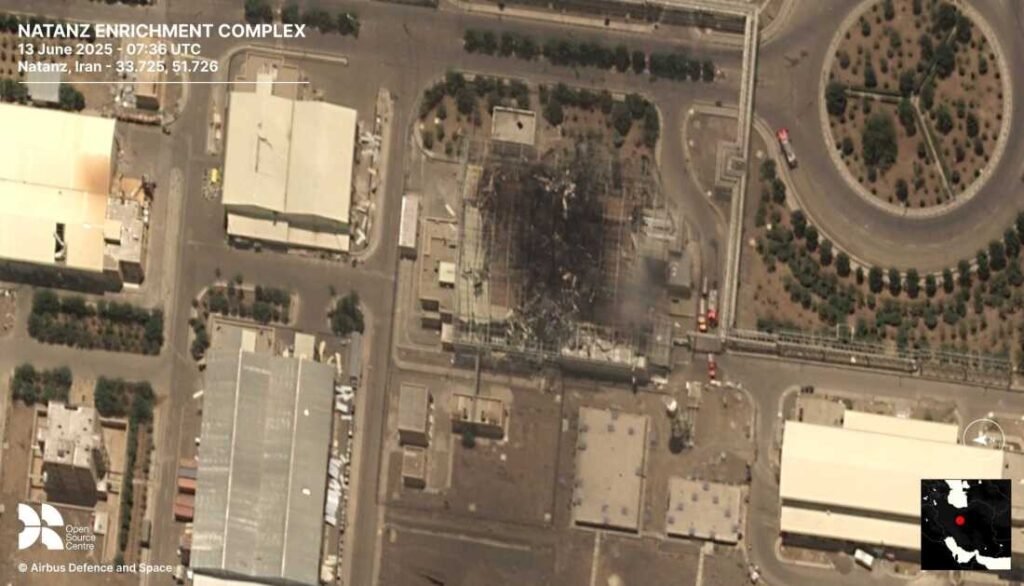 A satellite photo from the European firm Airbus shows the aftermath of a strike by Israel on a building that houses centrifuges at Iran's Natanz nuclear facility.