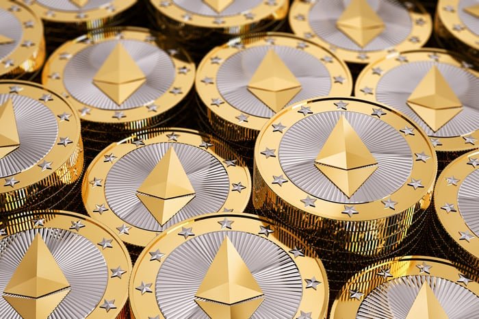 Stacks of representations of Ethereum tokens.