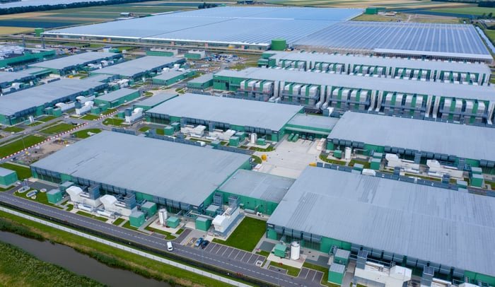 drone view of sprawling AI data center.
