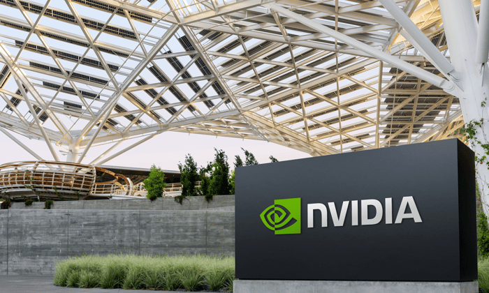 A sign with Nvidia's logo outside of a building with a slat-covered awning.
