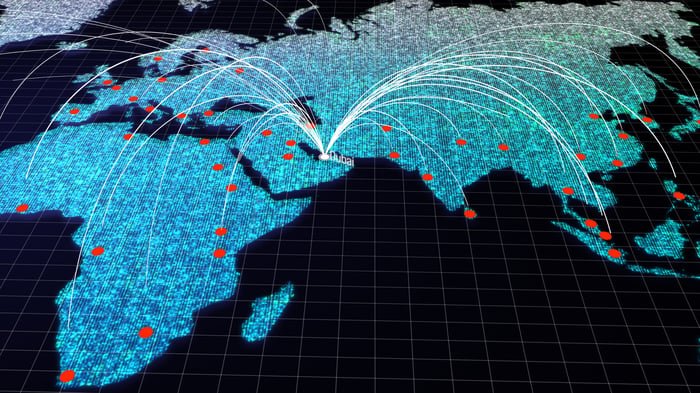 Map image depicting data being sent all over the world from data center.