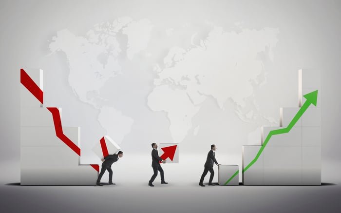 People moving blocks from a down red arrow towards those with a green up arrow.