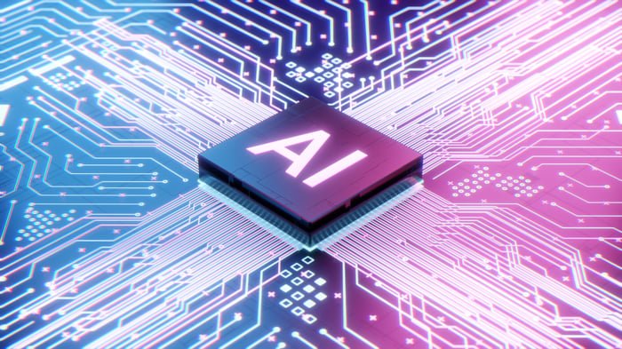 A digital rendering of a chip on a circuit board, labeled AI.