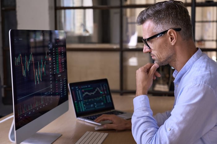 Someone looking at financial charts on computer screens.