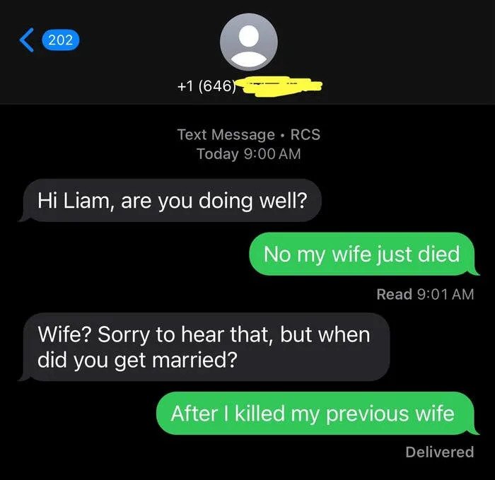 Screenshot of a humorous text exchange about unexpected marriage news and a lighthearted joke about a previous wife