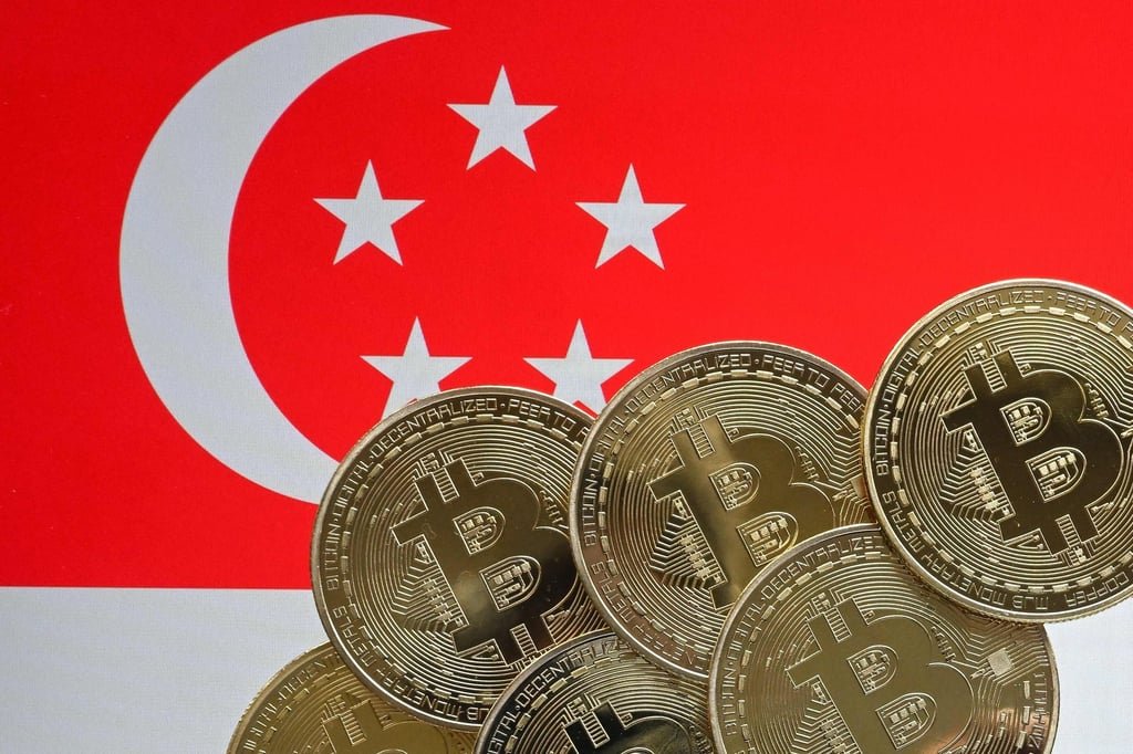 This illustration photograph taken on June 30, 2025 shows bitcoin representation coins against the backdrop of the Singapore national flag. Photo: AFP