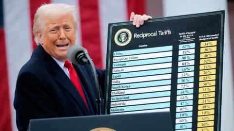 President Donald Trump holds up a chart while speaking during a Make America Wealthy Again trade announcement event