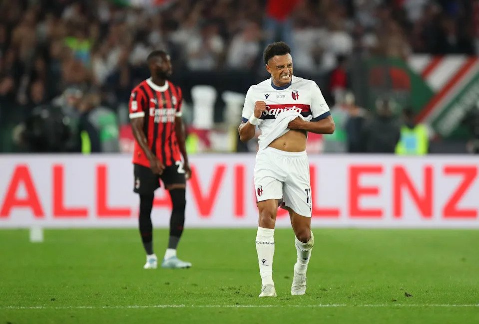 ROME, ITALY - MAY 14: Dan Ndoye of Bologna celebrates scoring his team's first goal during the Coppa Italia Final match between AC Milan and Bologna at Stadio Olimpico on May 14, 2025 in Rome, Italy. (Photo by Paolo Bruno/Getty Images)