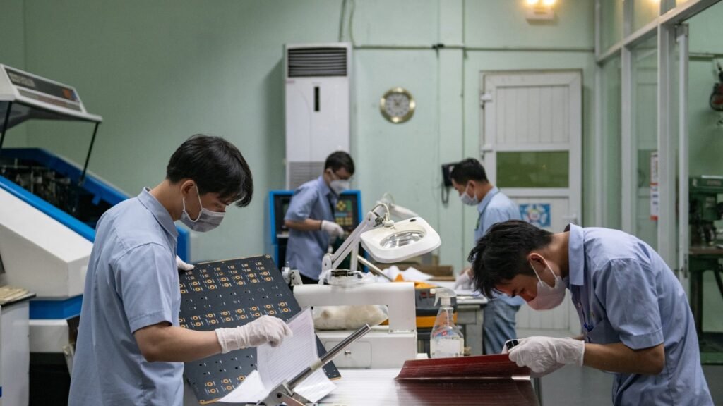 A group of workers in a workshop, wearing masks and gloves, are focused on assembling electronic components or circuit boards, with tools and equipment visible in the background.